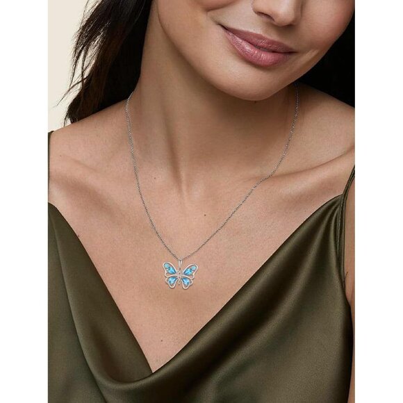 JIWOY Butterfly Necklace Sterling Silver Heart Aquamarine Pendant for Women - Picture 3 of 6